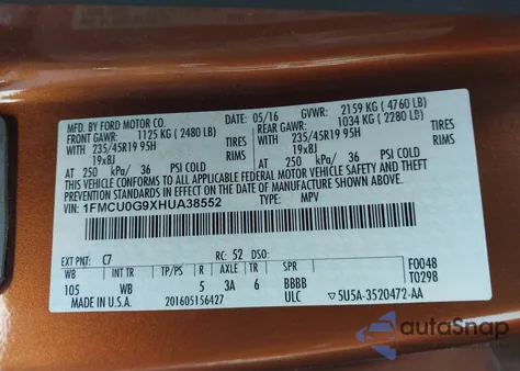 2017 Ford Escape Se z USA, uszkodzony, nr VIN 1FMCU0G9XHUA38552